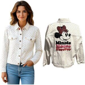 NWOT Disney Plus 2XL Minnie Mouse Forever Polka Dot Denim Jacket Sequin, cotton